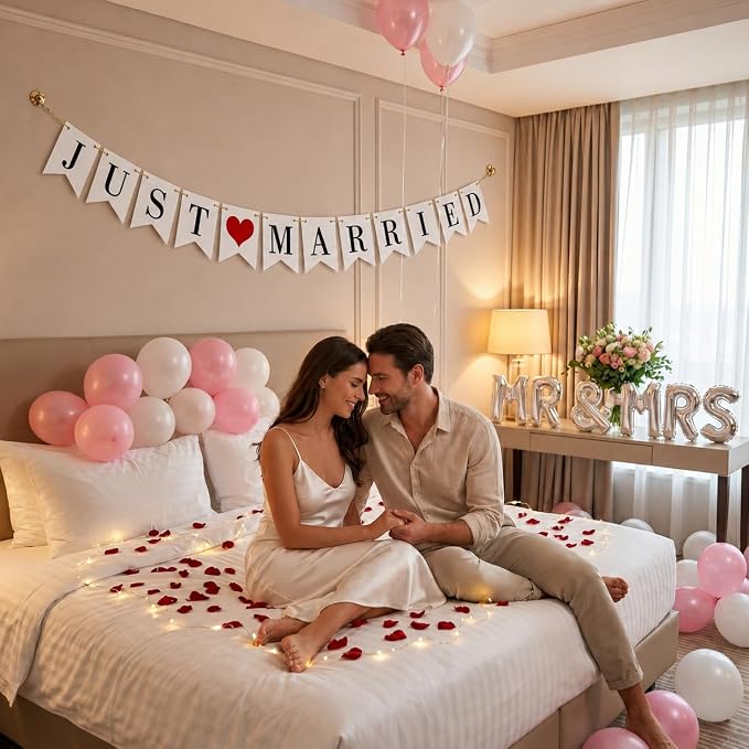 Just Married Banner Pre-strung Wedding Banner Bunting Photo Booth Props Garland - Image 7