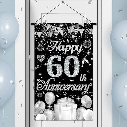 60th Anniversary Decorations Small Banner Black Silver Happy 60th Anniversary by Wayyogh
