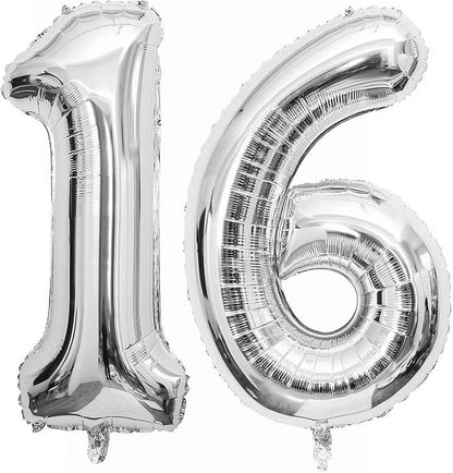 Silver 16 Number Balloons, 40 Inch Giant Number 16 Balloons Foil Mylar Helium by Lovoir