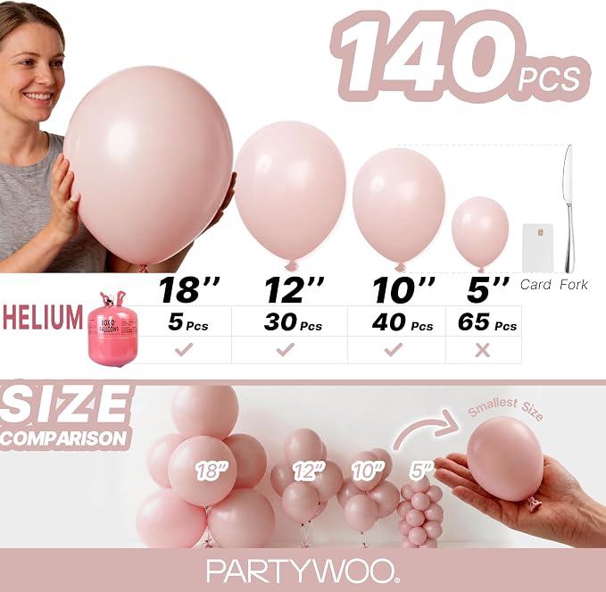 PartyWoo Dusty Pink Balloons 140pcs Lilac Pink Color 18 12 10 5 Inch | 18 12 10 - Image 6
