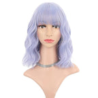 FAELBATY Light Blue Wave Bob Wigs With Bangs Synthetic Cosplay Wig for Women Girls Shoulder Length Costume Wigs Mixed Blue(12" Light Gray Blue)