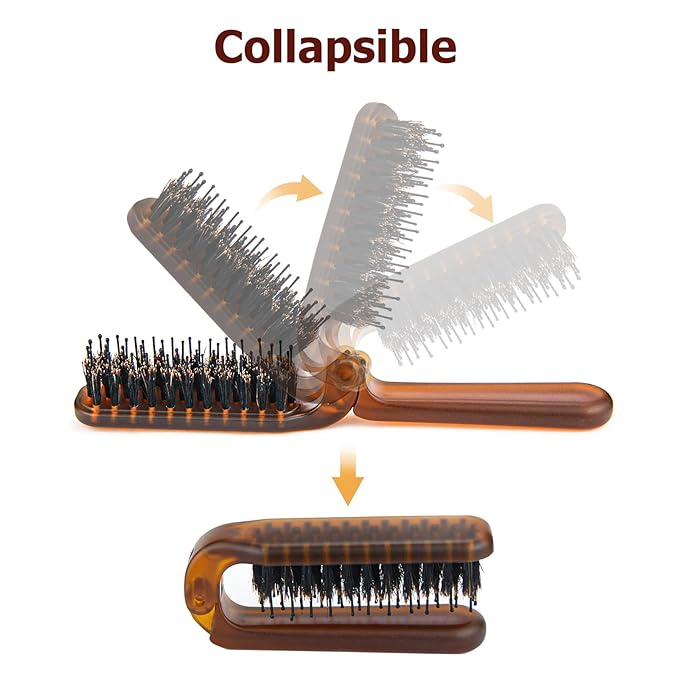 Hair Brushes for Women, Foldable Mini Travel Boar Bristle Small Hair Brush for All Hair Types Travel Size HairBrush, 1-Pack