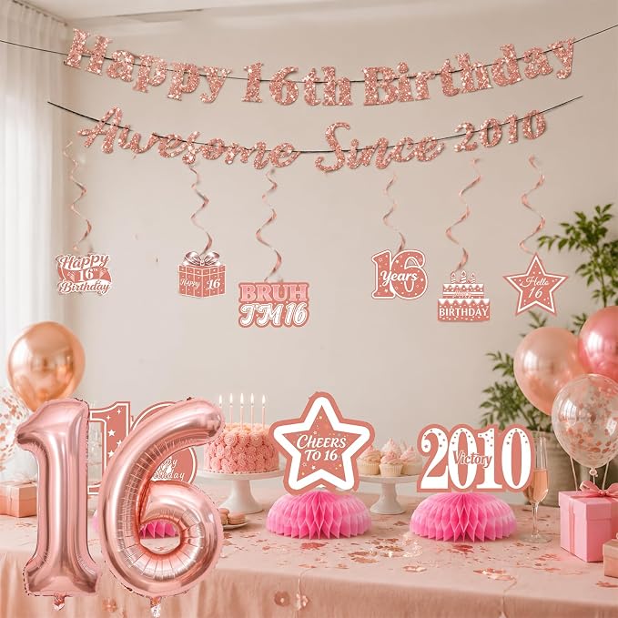 16th Birthday Decorations For Girls, Pre-Strung Rose Gold Happy 16th Birthday & - Image 8