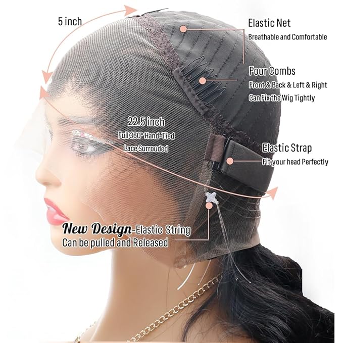 360 Lace Front Wigs Human Hair Body Wave 200% Density 22 Inch Upgraded Hidden Straps 360 HD Full Lace Wigs Human Hair With Drawstring Pre Plucked With Baby Hair for Women Natural Black