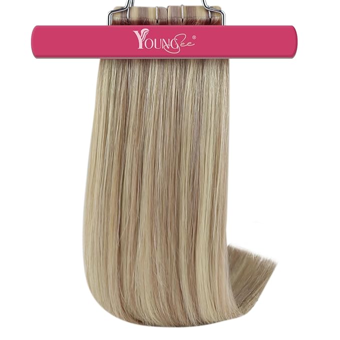 YoungSee Tape in Hair Extensions Human Hair Highlight Blonde Invisible Tape on Remy Hair Extensions Blonde Hair Extension Tapes in 22 Inch 20pcs 50g Long Straight Hair for Women