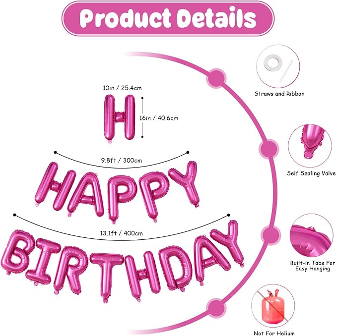 29PC Pink Purple Happy Birthday Balloon Banner, 16Inch 3D Aluminum Letter - Image 3