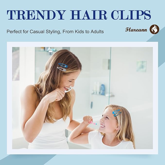 Ocean Blue Snap Hair Clips by FLAREANN – 36 PCS 2 Inch Non-Slip Metal Barrettes for Girls & Women in Glitter, Shimmer & Glossy Finishes – Cool Blue Hair Accessories for Everyday Styling