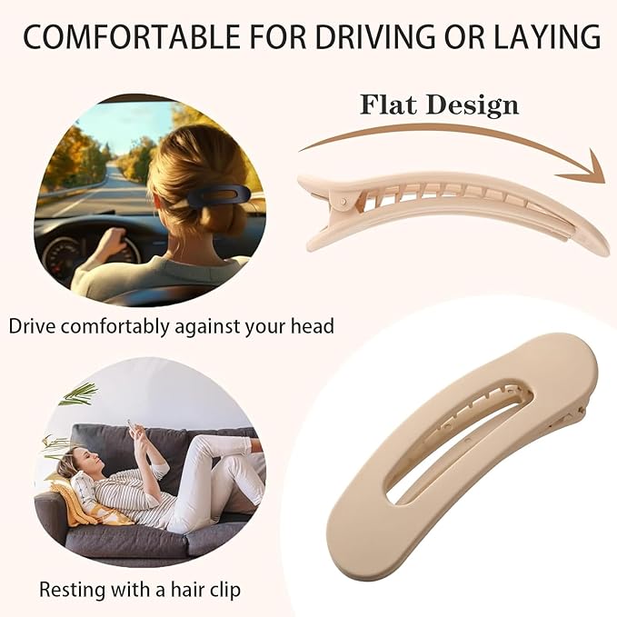 6 PCS Flat Hair Clips, Lay Flat Claw Clips for Women Girls, 2 Styles Non-slip Hair Claws for All Hair Types,Comfortable Flat Clips for Lying and Driving(Matte)
