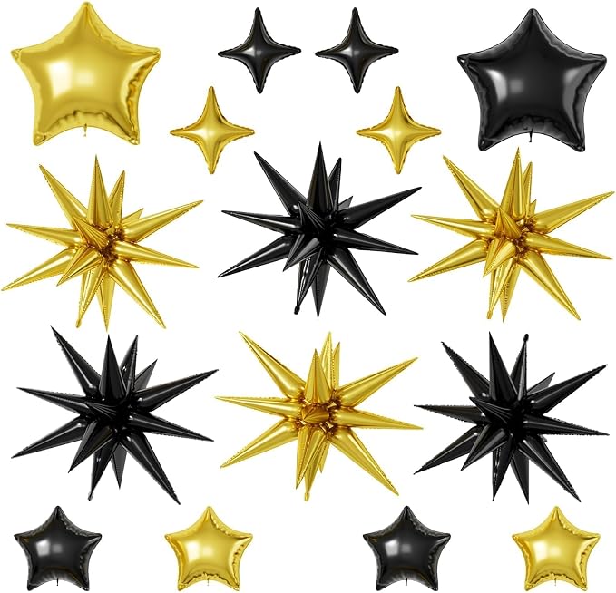 Black Gold Star Balloons, 22/18/10 Inch Foil Balloons, Four-Pointed Balloon by Sowide
