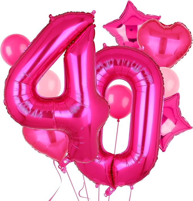 40 Inch Number Balloon Hot Pink 40 Set Pink Theme 40th Birthday Decor 10Pcs | by GGDE
