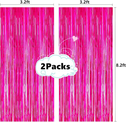2 Pcs 3.2ft x 8.2ft Shiny Hot Pink Metallic Tinsel Foil Fringe Curtains Photo - Image 2