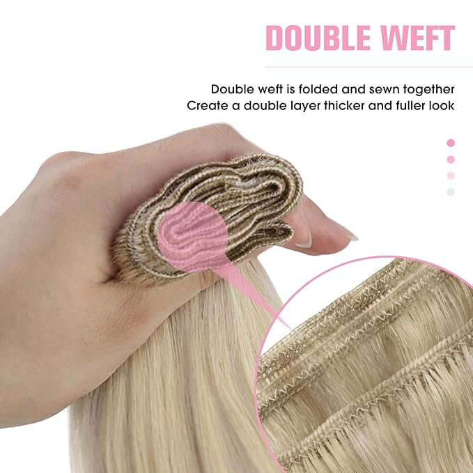 YoungSee Human Hair Sew in Extensions Blonde Highlights Sew in Hair Extensions Real Human Hair Warm Ash Blond Highlights Bleach Blonde Hand Tied Weft Hair Extensions Human Hair 100G 24Inch