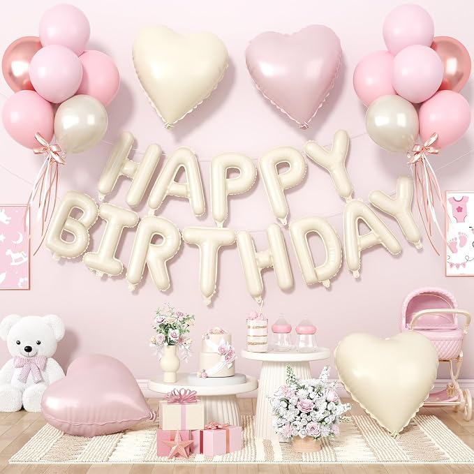 29PC Pink Heart Happy Birthday Balloon Banner, 16Inch 3D Aluminum Letter Banner by Paready