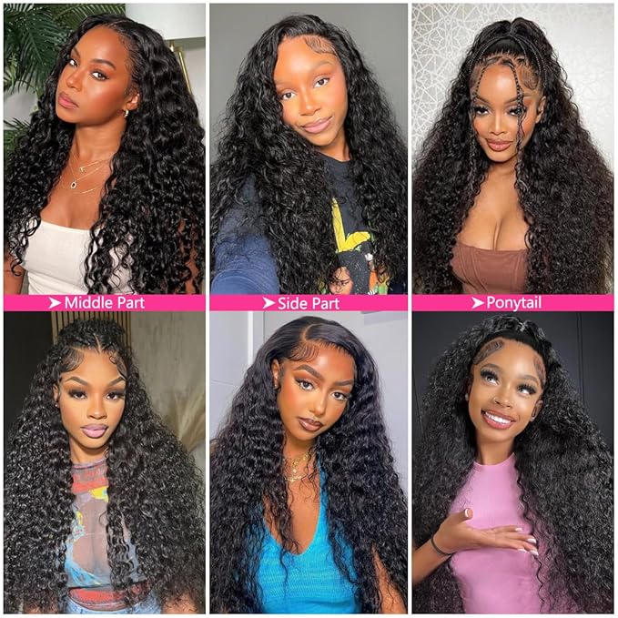 36 Inch 13×6 HD Lace Front Wigs Human Hair Water Wave 200 Density Lace Frontal Wigs Pre Plucked Deep Curly Human Hair Wig for Women Natural Black
