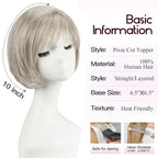 EMMOR Human Hair Toppers for Women Short Bob Real Hair with Bangs 10" Side Part Hairpieces for Women with Thin Hair 6.5" × 6.5" Larger Base Human Wig Toppers(Gray)