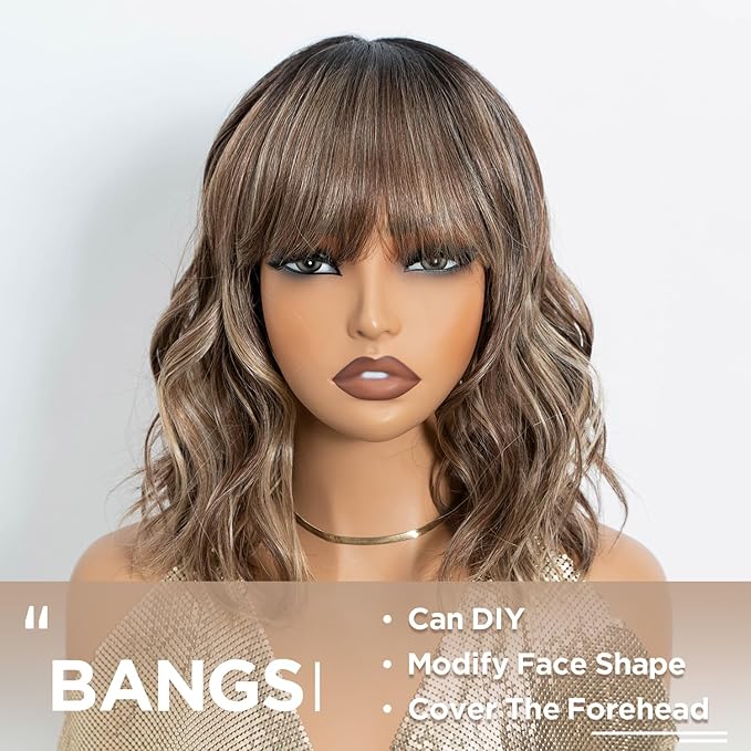 NOBLE Bob Wig with Bangs Short Wavy Wig for Women Ombre Mix Blonde Shoulder Length Wig Heat Resistant Synthetic Wigs for Daily Party Use 12 Inches
