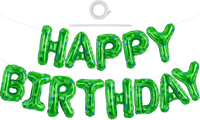 Vuzvuv Green Happy Birthday Balloon Banner, Game Theme Foil Balloon Letters by Vuzvuv