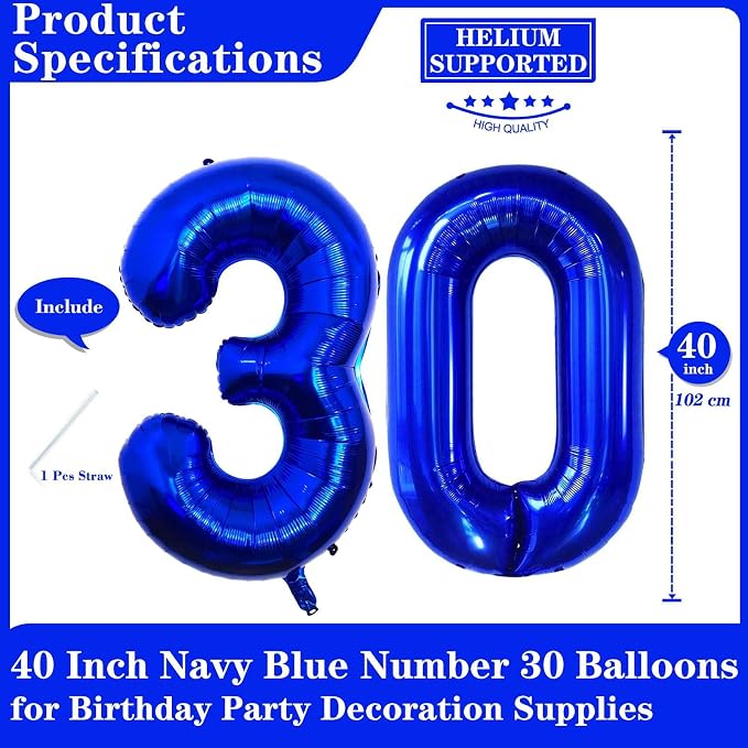 Navy Blue 30 Number Balloons, 40 Inch Giant Number 30 Balloons Foil Mylar - Image 2