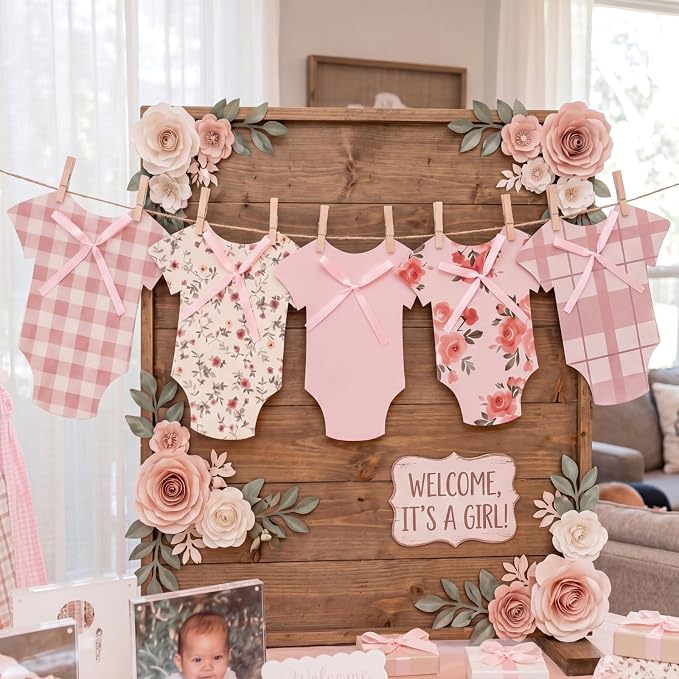 Frienda Baby in Bloom Paper Banner Baby Shower Pink Paper Bodysuit Dress by Frienda