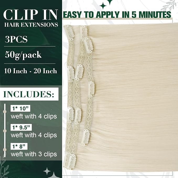 RUNATURE Blonde Clip in Hair Extensions Real Human Hair, Short Human Hair Clip in Extensions, Remy Hair Extensions Clip Ins, Double Weft Thick Full Ends Hair, 10 Inch 50g 3pcs #800 Platinum Blonde