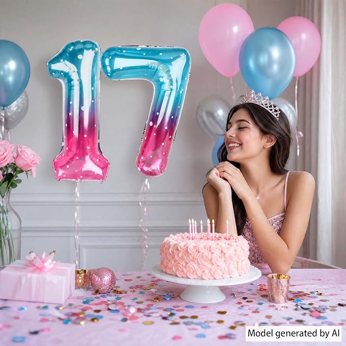40 Inch Blue Pink Number 17 Balloon, Giant Ombre Foil 17th Birthday Decor | - Image 2
