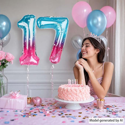 40 Inch Blue Pink Number 17 Balloon, Giant Ombre Foil 17th Birthday Decor | - Image 2