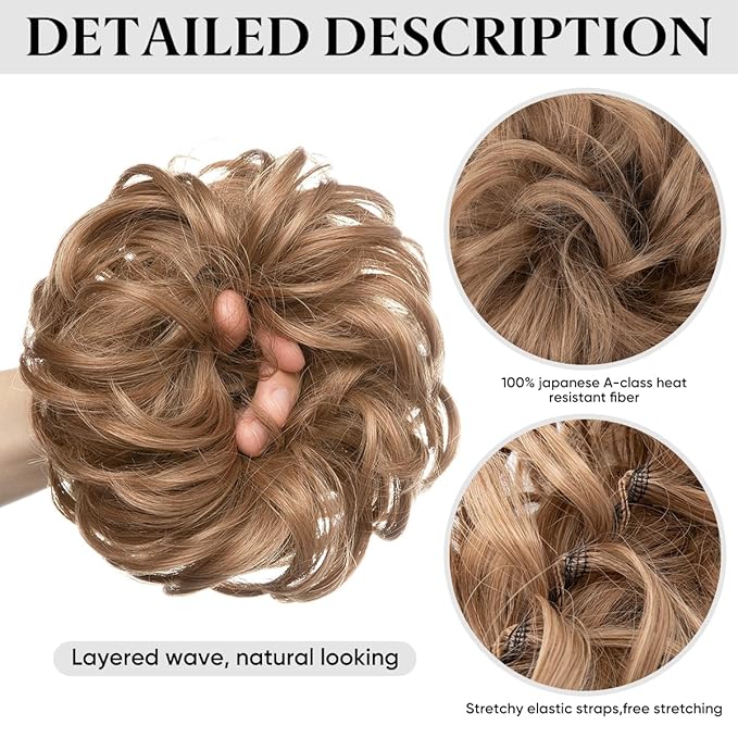 SARLA 2PCS Messy Hair Bun Hair Pieces Wavy Curly Synthetic Updo Fake Scrunchies Ponytail Extension for Women Ash Blonde