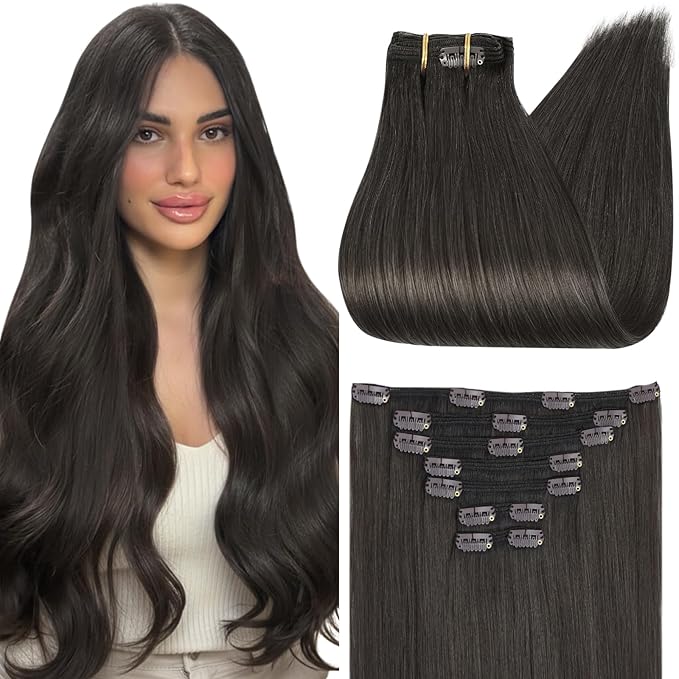 Full Shine 24 Inch Clip on Hair Extensions for Women Natural Black Tea Real Hair Clip in Extensions Brunette Hair Extensions 120 G 7 Pcs