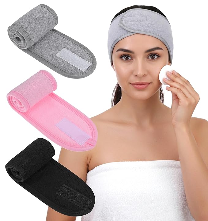 3 Pack Terry Cloth Headband, Adjustable Esthetician Headbands for Women, Non-Slip Terry Cloth Headband for Facial, Makeup & Shower, Soft Stretchable Hair Band