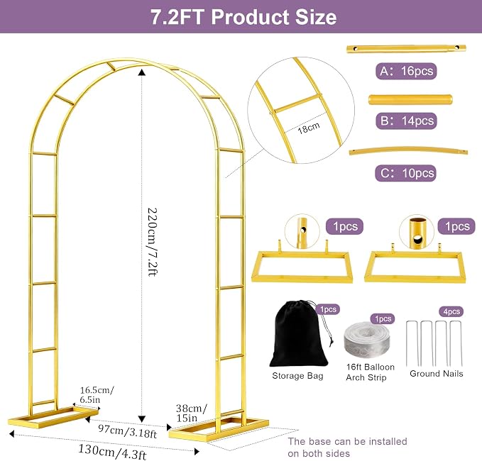 7.2FT Metal Wedding Arch Backdrop Stand Gold Arbor Frame - Image 4