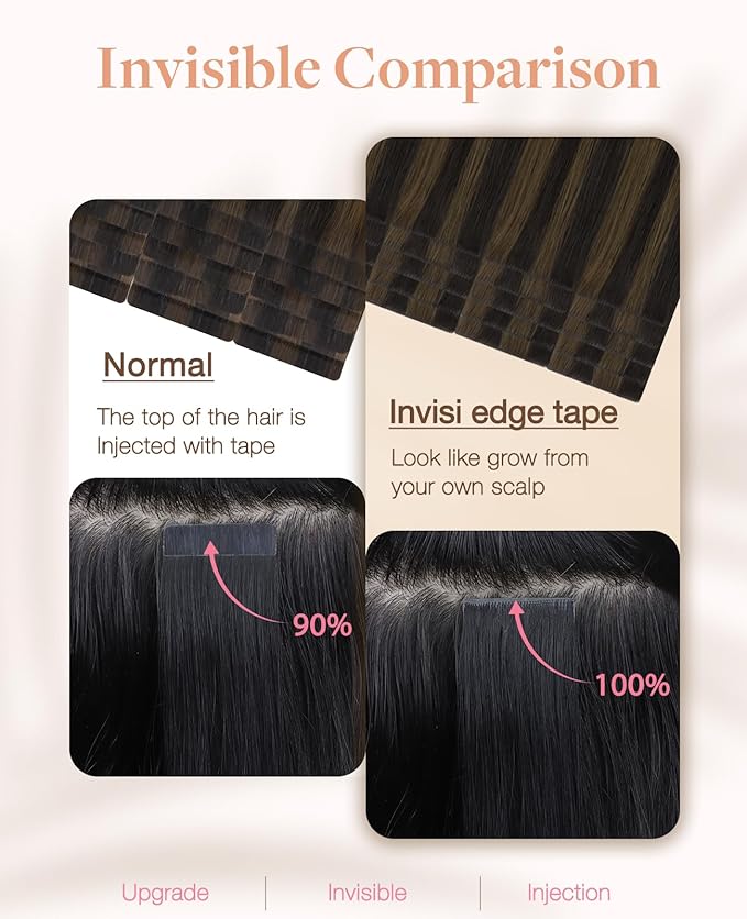 GOO GOO Invisi Edge Tape in Hair Extensions Human Hair, 2/6 Dark Brown Highlighted Chestnut Brown 10pcs injected with 10pcs classical tape ins, 20inch 50g, Virgin Remy Hair, Natural Look