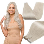 Full Shine Tape in Hair Extensions Silky Straight 18 Inch Color 1000 Blonde Adhesive Tape in Hair Extensions Human Hair Real Remy Human Hair Soft Glue in Brazilian Hair 20 Pcs 50 Grams