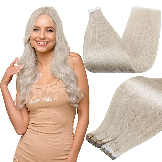 Full Shine Blonde Hair Extensions Color 1000 Blonde Tape in Hair Extensions Human Hair Remy Seamless Skin Weft 24Inch Double Sided Adhesive Extension 100G for Women 40Pcs