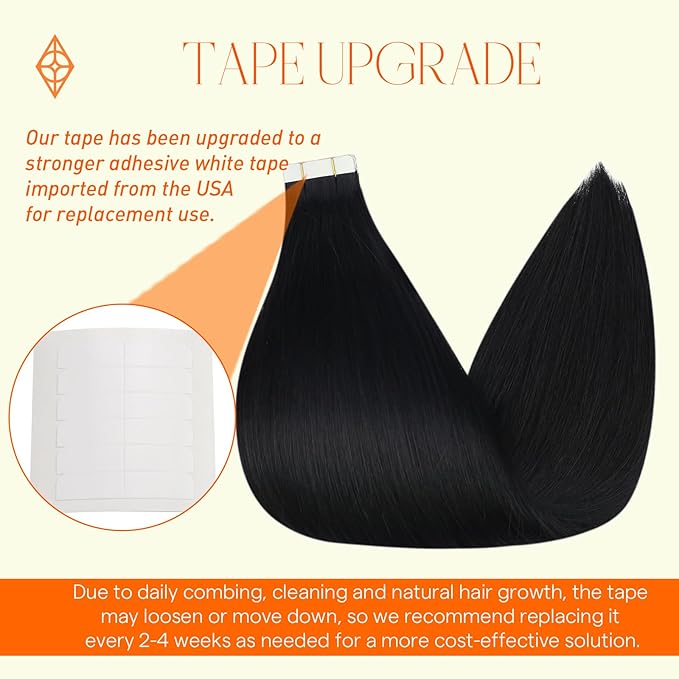 Full Shine Tape in Hair Extensions Human Hair 20Inch Color 1 Jet Black Soft Straight Tape Extensions Invisible Tape in Hair Extensions 40Pcs Seamless Skin Weft Hair Extensions Tape in 100G