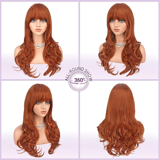 Haloo Auburn Wigs with Bangs Long Wavy Layered Haircut Natural Looking Fluffy Synthetic Heat Resistant Hair Wig for Women Daily Party, 24 Inch