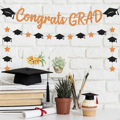 Black and Orange Congrats Grad Banner, Class of 2026 Banner and Graduation Caps - Image 7