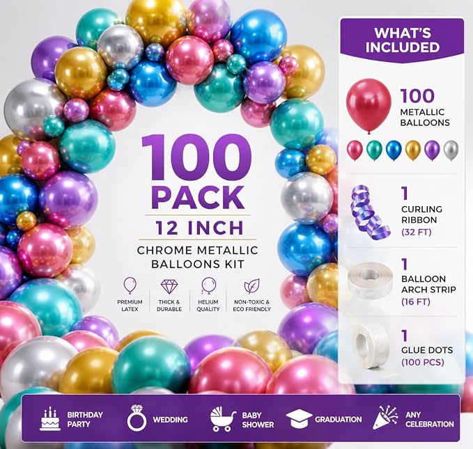 Chrome Metallic Balloons 12 Inch – 100 Pack Assorted Multicolor Latex Balloons - Image 2