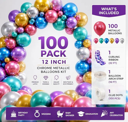 Chrome Metallic Balloons 12 Inch – 100 Pack Assorted Multicolor Latex Balloons - Image 2