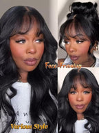 Julia Hair Bye Bye Knots Curtain Bangs Wig Glueless Fluffy Natural Loose Wave Pre Cut 7x5 HD Lace Front Wigs Invisible Pre Plucked Pre Everything Body Wave Put on and Go Wig for Women 16 Inch
