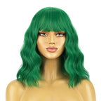 BERON 14 Inches Emerald Green Wig for Women Short Curly Green Wigs with Bangs for Daily Party Hairnet Include