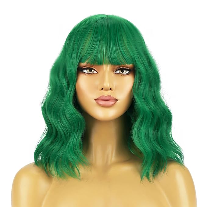 BERON 14 Inches Emerald Green Wig for Women Short Curly Green Wigs with Bangs for Daily Party Hairnet Include