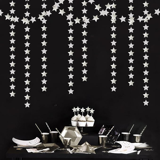 Glitter-Silver Party-Decorations Star Christmas Garland - 62ft Birthday Twinkle - Image 6