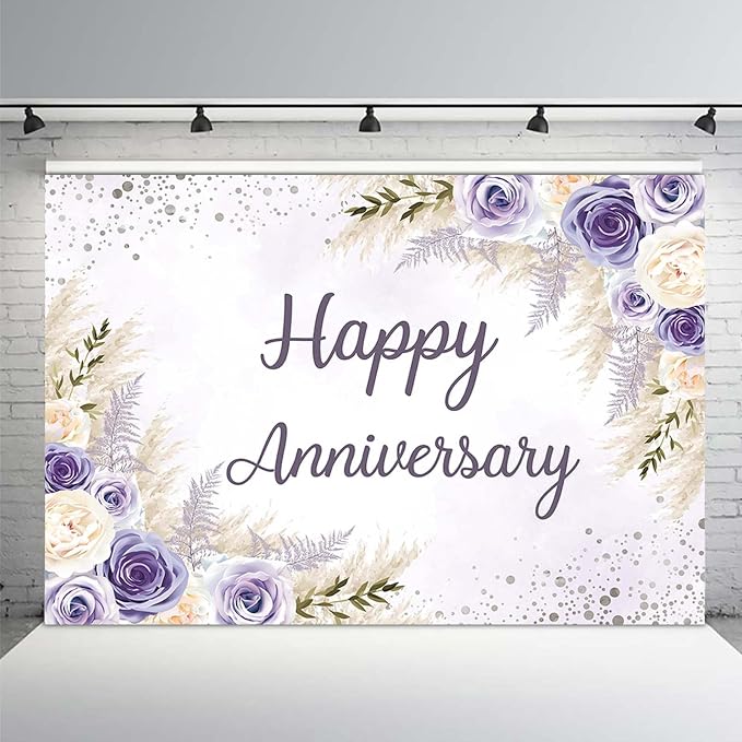 MEHOFOND Boho Happy Anniversary Backdrop Purple Floral Bohemia Pampas Grass - Image 2