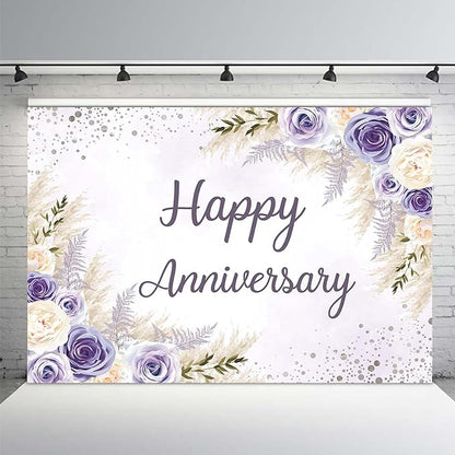 MEHOFOND Boho Happy Anniversary Backdrop Purple Floral Bohemia Pampas Grass - Image 2