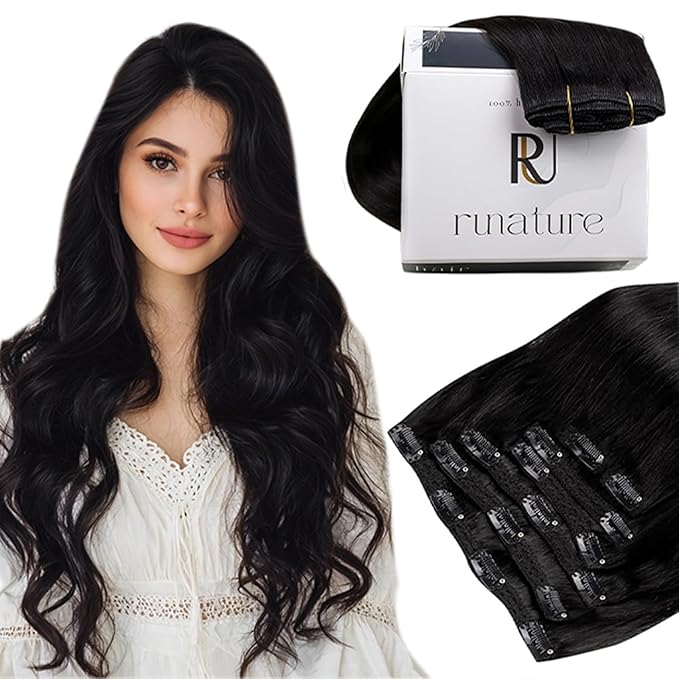 RUNATURE Black Clip in Hair Extensions Real Human Hair, Long Hair Extensions Clip Ins, Double Weft Human Hair Clip in Extensions, Remy Natural Hair, Add Hair Length, 20 Inch 120g 7pcs #1B Off Black