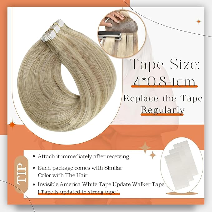 Full Shine Highlight Blonde Tape in Hair Extensions Color 16P22 Tape in Extensions Human Hair 18Inch Double Sided Extension Invisible Skin Weft 100G 40Pcs Soft Straight for Women