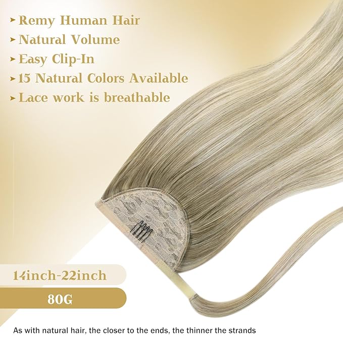 Ve Sunny Hair Extensions Ponytail Real Human Hair 80G Wrap Around Clip in Ponytail Hair Extensions Straight Extensions Human Hair for Women Ash Grey Balayage Platinum Blonde 14inch