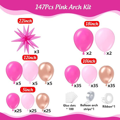 147pcs Pink Balloons Arch Kit, Hot Pink Rose Gold Balloons Shades of Pink - Image 2