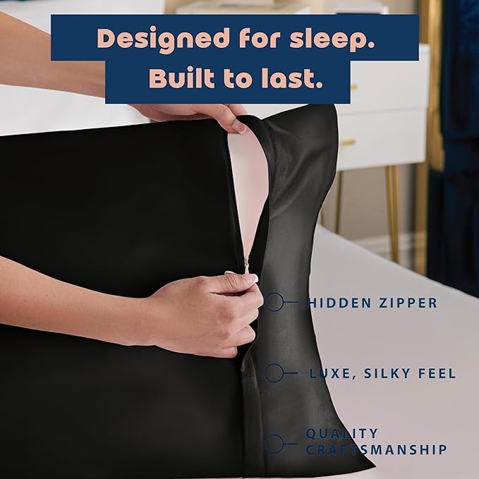 BLISSFORD Black Satin Pillowcase with Zipper for Hair and Skin Care, Feels Soft and Cool Like a Silk Pillowcase, Satin Pillow Cases 2 Pack, Slik Pillow Cover, Queen Size - 20x30