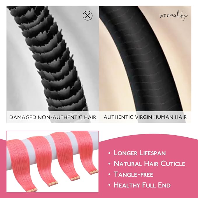 WENNALIFE Tape in Hair Extensions Human Hair Light Pink Tape in Extensions, 10pcs 20g 12 inch Remy Invisible Tape Ins Straight Colored Soft Real Human Hair Tape in Extensions Refill Set Extensions